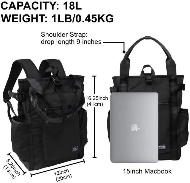 Alt view image 2 of 5 - Rangeland Unisex Laptop Tote Backpack Convertible Lightweight Nylon Water-Resistant Everyday Shoulder Tote bag Backpack with Water Bottle Pocket Work Travel, All Black