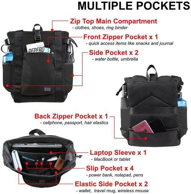 Alt view image 4 of 5 - Rangeland Unisex Laptop Tote Backpack Convertible Lightweight Nylon Water-Resistant Everyday Shoulder Tote bag Backpack with Water Bottle Pocket Work Travel, All Black