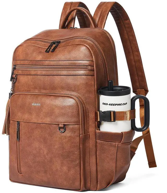 Main image of Shrrie Vegan Leather Laptop Backpack for Women,17 Inch Computer Backpack Purse for Work Business College Travel Teacher Nurse with Anti-theft Pocket & Giant Tumbler Holder Pocket,Caramel Brown
