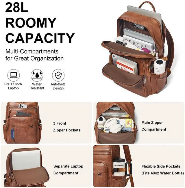 Alt view image 3 of 5 - Shrrie Vegan Leather Laptop Backpack for Women,17 Inch Computer Backpack Purse for Work Business College Travel Teacher Nurse with Anti-theft Pocket & Giant Tumbler Holder Pocket,Caramel Brown