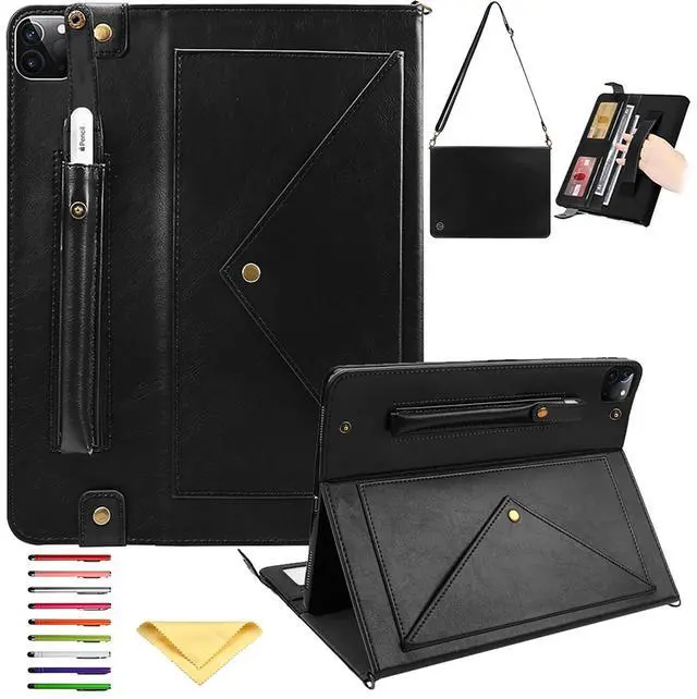 Main image of UUcovers Crossbody Handbag Case for iPad Pro 11 inch M4 2024 (Model: A2836 A2837 A3006) with Pencil Holder/Shoulder Strap/Hand Strap/Pockets, Stand PU Leather Carrying Magnetic Wallet Cover, Black
