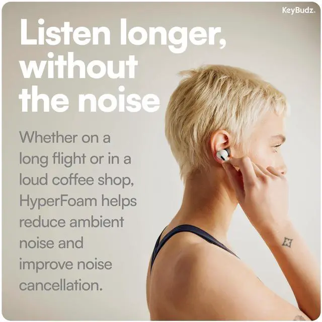Alt view image 4 of 5 - KeyBudz HyperFoam Memory Foam Ear Tips for AirPods Pro 1st & 2nd Gen - Patented Comfort Core for Improved Fit and Noise Cancellation, Anti-Slip Replacement Buds (S/M/L, Black)
