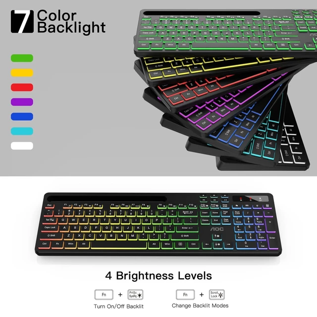 Alt view image 3 of 5 - AOC KB600 Wireless Keyboard with 7-Color RGB Backlit, Light Up Keys - Black
