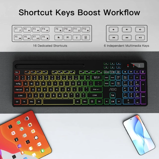 Alt view image 5 of 5 - AOC KB600 Wireless Keyboard with 7-Color RGB Backlit, Light Up Keys - Black