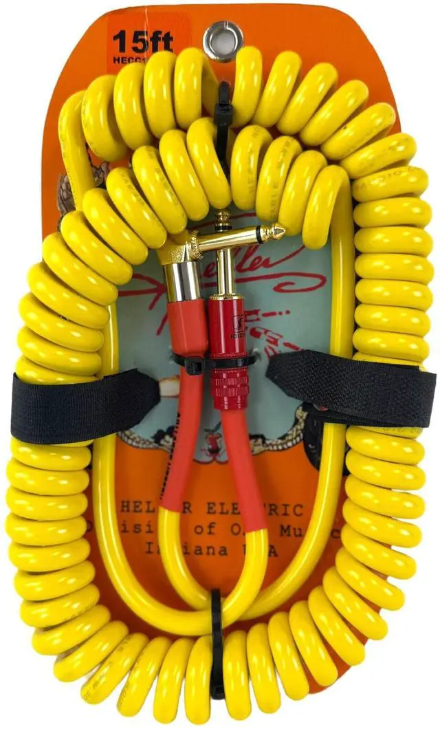 Main image of Heller Electric Coil-Connect Pro 15ft Coiled Cable, Electric Guitar & Bass, Straight-to-Right-Angle 1/4" Plugs, 20AWG OFC, 99% Shielded, Professional Grade, Yellow