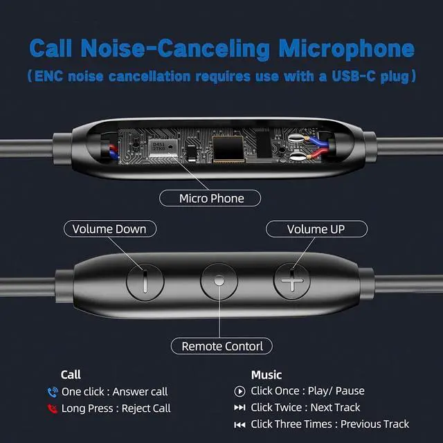 Alt view image 3 of 5 - Wired Headphones with Call Noise-Canceling - Stereo Bass, Clear Call & No Noise,Comfortable Noise Isolation Ear buds with Multi-Function Plug,Wired In Ear Earphones with ENC Noise cancellation Mic