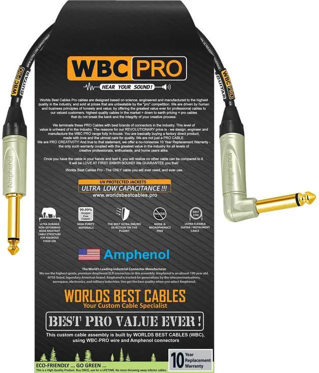 Main image of 6 Inch - WBC-PRO-Guitar 20 AWG - Low-Cap (18pF/ft) Pro-Grade Graphite-Based - Dual-Shielded Guitar, Bass, Instrument Cable with Amphenol QM2R-AU & QM2P-AU Inch (6.35mm) Gold TS Connectors