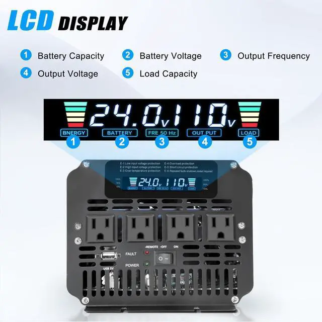 Alt view image 3 of 5 - LVYUAN 4000 Watt Power Inverter 24V to 110V 120V for Vehicle, Solar Inverter System, Heavy Duty, RV, Truck, Off Grid,Camping with 4 AC Outlets, LCD Display, Wireless Remote Control, Car Power I