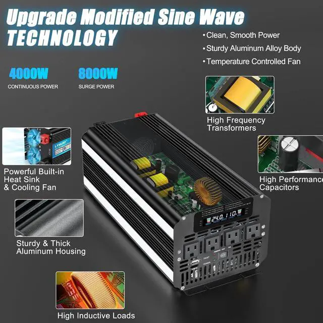 Alt view image 5 of 5 - LVYUAN 4000 Watt Power Inverter 24V to 110V 120V for Vehicle, Solar Inverter System, Heavy Duty, RV, Truck, Off Grid,Camping with 4 AC Outlets, LCD Display, Wireless Remote Control, Car Power I