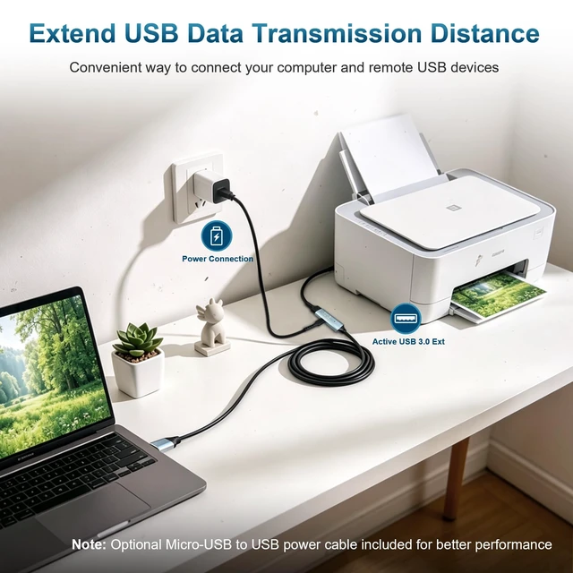 Alt view image 2 of 5 - Tan QY USB 3.0 Active Extender 100ft, Type-A to F with USB-C Charge Port