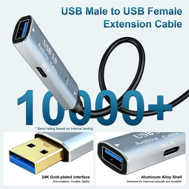 Alt view image 5 of 5 - Tan QY USB 3.0 Active Extender 100ft, Type-A to F with USB-C Charge Port