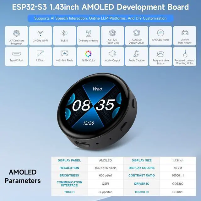 Alt view image 3 of 5 - KLAYERS ESP32-S3 Microcontroller Dev Board Come with Capacitive Touch-AMOLED-1.43INCH C LCD, Low-Cost, High-Performance,Not Batt