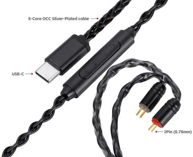 Alt view image 4 of 4 - USB-C to Dual 2pin (0.78mm) IEM Balance Earbud Cable, 8-Core OCC Silver-Plated HiFi Earphone Cable, Ultra-Flexible Digital Audio Upgrade for In-Ear Headphones, In-line Control (1.3m, Black)