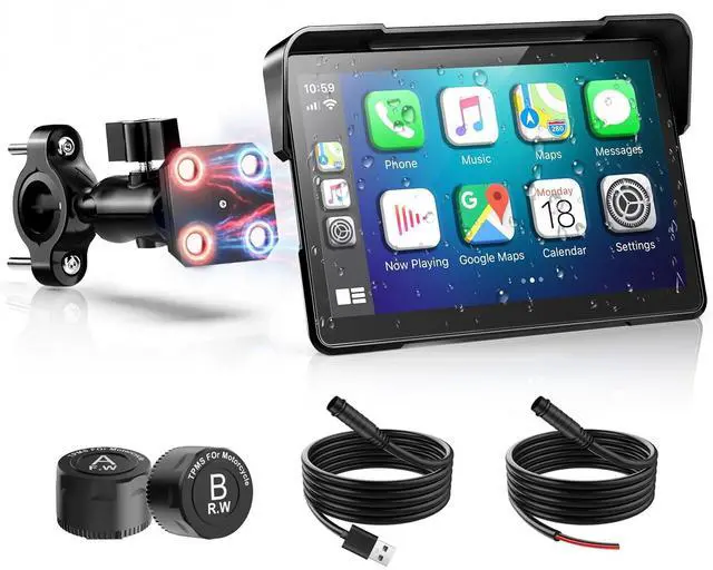 Main image of 2026 YZW 7 inch Wireless Motorcycle Carplay GPS HD Touch Screen with Android Auto, Navigation, IP69K Waterproof, USB Cable, TPMS, Bluetooth, Google Asistant, Light Sensor, Music Sharing, Quick