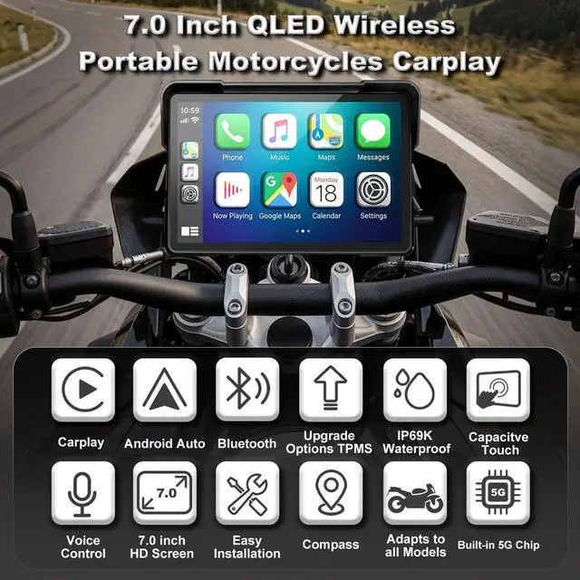 Alt view image 2 of 5 - 2026 YZW 7 inch Wireless Motorcycle Carplay GPS HD Touch Screen with Android Auto, Navigation, IP69K Waterproof, USB Cable, TPMS, Bluetooth, Google Asistant, Light Sensor, Music Sharing, Quick