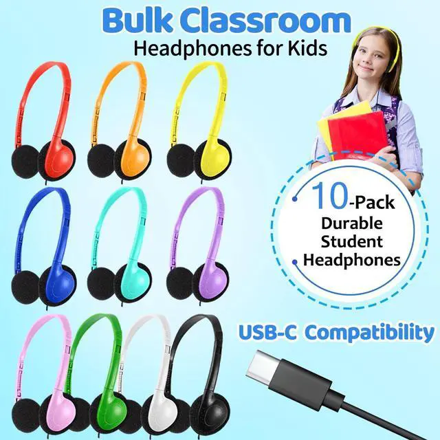 Alt view image 3 of 5 - Ladont 10 Pack Kids Headphones Bulk Type-C, USB C Wired Headphones for School Classroom, Wholesale Children Student Headset for Chromebook Laptop PC, Mixed Colors