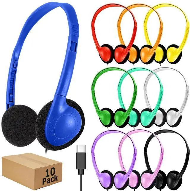 Main image of Ladont 10 Pack Kids Headphones Bulk Type-C, USB C Wired Headphones for School Classroom, Wholesale Children Student Headset for Chromebook Laptop PC, Mixed Colors