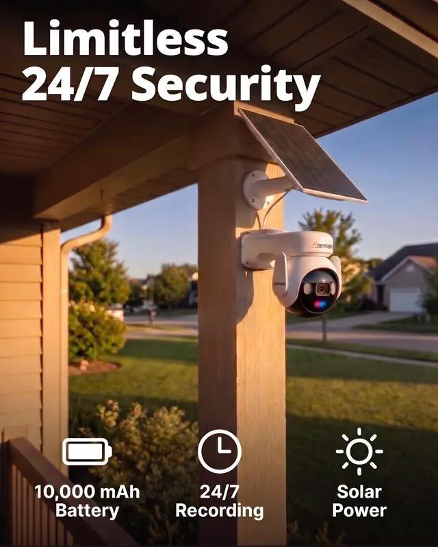 Alt view image 2 of 5 - Defender AI 4K Guard Ultra-Charge AOV Wireless Battery Security Camera, 24/7 Recording, 360 PTZ, AI Tracking, Setup in 5 Minutes, 10,000mAH Battery, 5W Solar Panel, Guard App (2-Pack)
