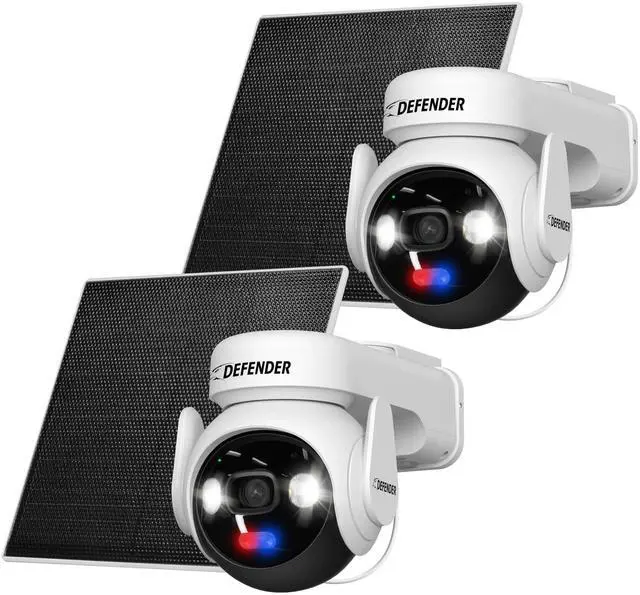 Main image of Defender AI 4K Guard Ultra-Charge AOV Wireless Battery Security Camera, 24/7 Recording, 360 PTZ, AI Tracking, Setup in 5 Minutes, 10,000mAH Battery, 5W Solar Panel, Guard App (2-Pack)