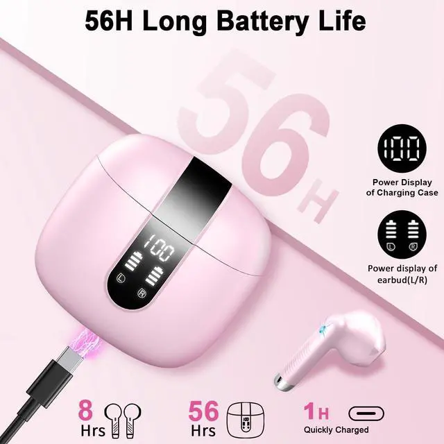 Alt view image 5 of 5 - Wireless Earbuds, Bluetooth Headphones V5.4 Stereo Bass Ear Buds with ENC Noise Cancelling Mics,56H Bluetooth Earbuds with LED Display Charging Case, IP7 Waterproof Earphones for Android iOSMin