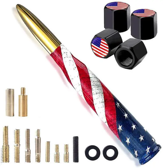 Main image of Car Truck Bullet Antenna with Valve Stem Caps for F150 F250 F350 Super Chevrolet Duty Raptor Dodge Ram 1500 2500 3500, Truck AccessoriesGold - American Flag Design