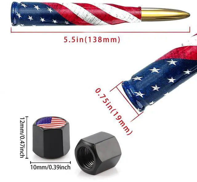 Alt view image 4 of 5 - Car Truck Bullet Antenna with Valve Stem Caps for F150 F250 F350 Super Chevrolet Duty Raptor Dodge Ram 1500 2500 3500, Truck AccessoriesGold - American Flag Design
