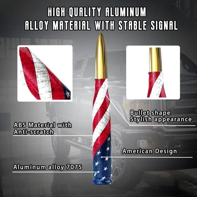 Alt view image 5 of 5 - Car Truck Bullet Antenna with Valve Stem Caps for F150 F250 F350 Super Chevrolet Duty Raptor Dodge Ram 1500 2500 3500, Truck AccessoriesGold - American Flag Design
