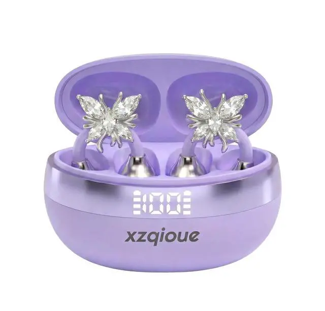 Main image of xzqioue Wireless Bluetooth Earbuds Earrings with LED Digital Display, Skin-Tone Black, Stylish Jewelry Headphones for Women (Purple - Butterfly)