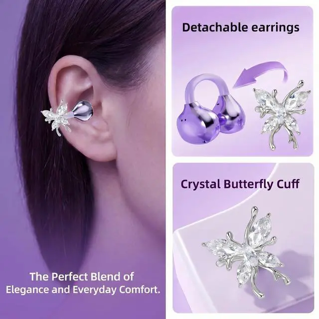 Alt view image 2 of 5 - xzqioue Wireless Bluetooth Earbuds Earrings with LED Digital Display, Skin-Tone Black, Stylish Jewelry Headphones for Women (Purple - Butterfly)