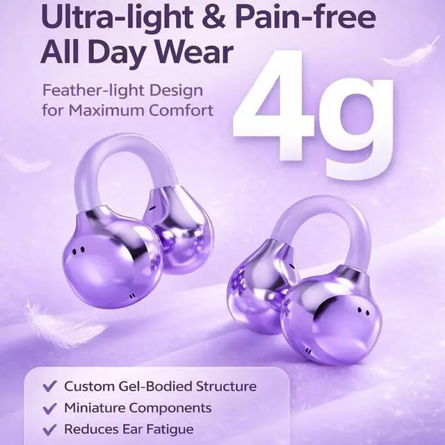 Alt view image 5 of 5 - xzqioue Wireless Bluetooth Earbuds Earrings with LED Digital Display, Skin-Tone Black, Stylish Jewelry Headphones for Women (Purple - Butterfly)