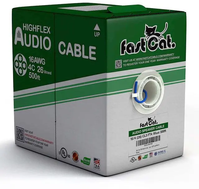 Main image of fast Cat. Speaker Wire 16 Guage 4C, UL Listed & CMR/CL3R-FT4 Rated - Speaker Cable w/PVC Jacket, 100% Oxygen-Free Pure Bare Copper - (26) MidFlex 16 Guage Wire - in-Wall Use-500ft Bulk Cable, Blue