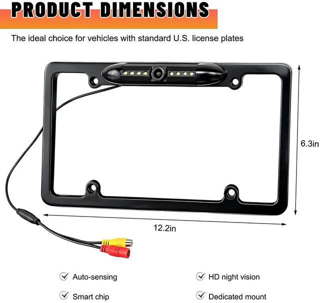 Alt view image 2 of 5 - Fkewp License Plate Frame Backup Camera, 12V Waterproof Rear View Camera with License Plate & 8 LED, 170 Viewing Angle Night Vision Licence Plates Reverse Cam for Car Truck SUV