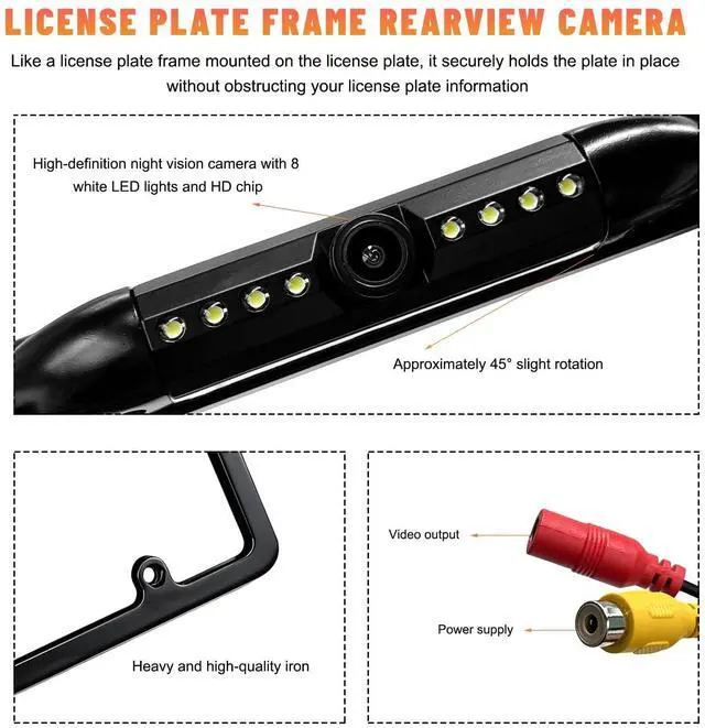 Alt view image 5 of 5 - Fkewp License Plate Frame Backup Camera, 12V Waterproof Rear View Camera with License Plate & 8 LED, 170 Viewing Angle Night Vision Licence Plates Reverse Cam for Car Truck SUV
