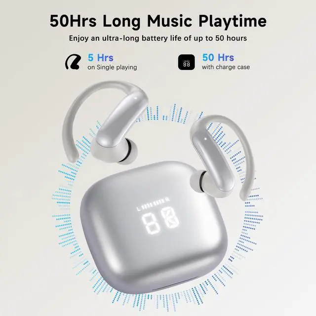 Alt view image 3 of 5 - UPUNAIS Wireless Ear Buds,Bluetooth Headphones with ENC Noise Cancelling,50H Playtime Earphones with LED Power Display,IPX4 Waterproof in-Ear Earbuds for Sports/Workout,Smartphone Laptop(Silver