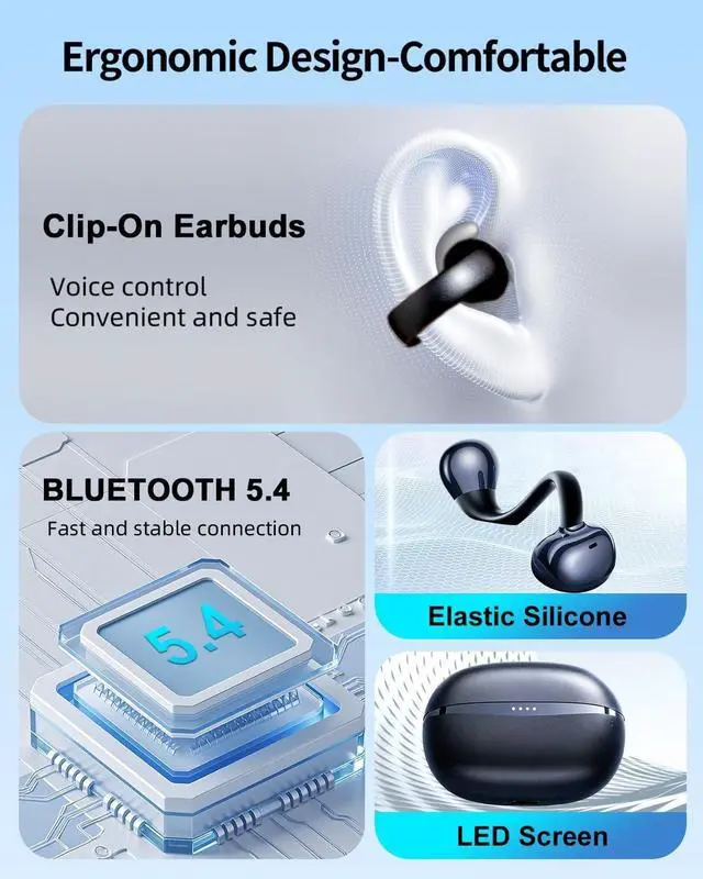 Alt view image 2 of 5 - Kncfoeb AI True Open Ear Earbuds Wireless Bluetooth Open Ear Headphones, Lightweight Clip on Earbuds 45H Playtime ENC Clip on Headphones, Over Ear Buds with Waterproof Fit Sport, Running, Worko