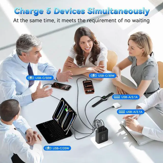 Alt view image 3 of 5 - USB C Fast Charger Block, 60W 5-Port USB C Wall Charging Blocks, Type C Charger Fast Charging Brick, 3USB C+2USB A PD&QC3.0 Multiport Charger Plug for iPhone 16/15/14/13 Pro Max, iPad, Galaxy-Black