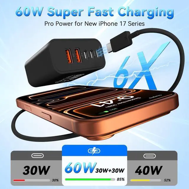 Alt view image 2 of 5 - USB C Fast Charger Block, 60W 5-Port USB C Wall Charging Blocks, Type C Charger Fast Charging Brick, 3USB C+2USB A PD&QC3.0 Multiport Charger Plug for iPhone 16/15/14/13 Pro Max, iPad, Galaxy-Black