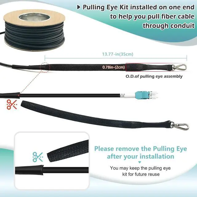 Alt view image 3 of 4 - 120ft OD-5mm Industrial TPU OM3 Fiber LC to LC Outdoor Armored Fiber Patch Cable, Duplex Multimode Fiber Optic Cable, 40Gb 10Gb, 50/125, Uniboot LC-LC with Pulling Eye Kit Installed on one end