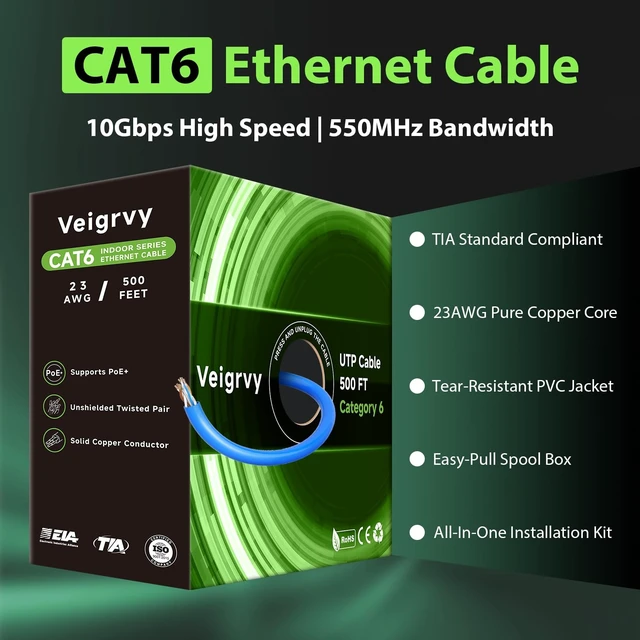 Alt view image 4 of 5 - Veigrvy Cat 6 Bulk Ethernet Cable 500 ft, 23AWG Solid Bare Copper, High Speed Cat6 Network LAN Cable with RJ45 Connector, 550MHz 10Gbps, PoE+, UTP, Compatible with Router, Modem, Gaming, PC, Blue