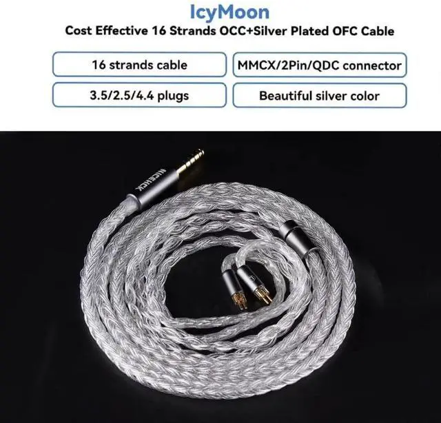 Alt view image 2 of 5 - NICEHCK IcyMoon IEM Cable, 16 Core OCC+Silver Plated OFC Upgrade Cord,SPC in Ear Monitor Cables, Balanced Cords with 3.5/4.4mm Plug for Orchestra Lite Cadenza Hype4 Supermix4 (4.4mm with 0.78 2Pin)