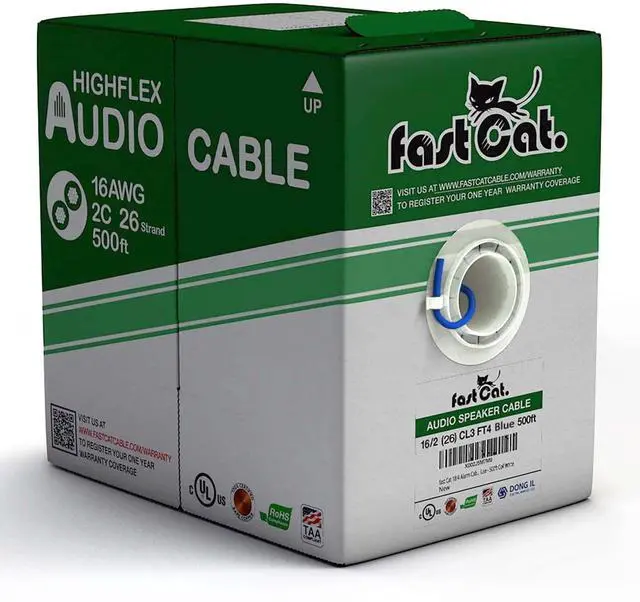 Main image of fast Cat. Speaker Wire 16 Guage 2C, UL Listed & CMR/CL3R-FT4 Rated - Speaker Cable w/PVC Jacket, 100% Oxygen-Free Pure Bare Copper - (26) HighFlex 16 Guage Wire - in-Wall Use-500ft Bulk Cable, Blue