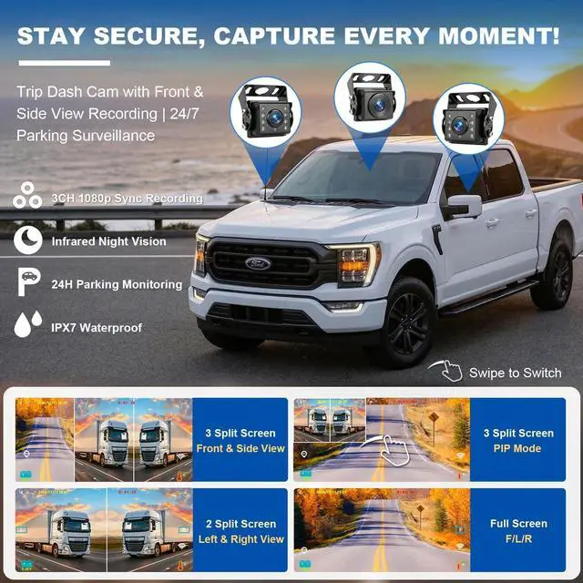 Main image of VSYSTO T5 3-Channel Truck Dash Cam System with 5" Touch Screen, 1080P Front & Side Blind Spot Cameras, 5G WiFi GPS Bluetooth & FM Audio, IP67 Waterproof IR Night Vision, 12V/24V for RVs & Trailers