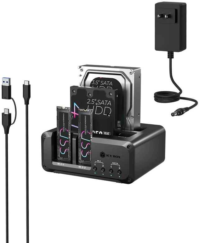 Main image of 4 Bay NVMe M.2 & SATA SSD/HDD Hard Drive Docking Station, ICY BOX USB-C 10Gbps NVMe Reader, SATA to M.2 NVMe enclosure, 2.5/3.5 Hard Drive Dock Station Up to 48TB, Individual Power Switches, Tool-Free