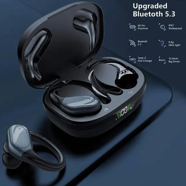 Alt view image 4 of 5 - TRON Wireless Earbuds Bluetooth Headphones, Sport Earbuds with Stereo Deep Bass, Over-Ear Hooks, ENC Noise-Cancelling Mic, Waterproof Earphones for Workout/Running Black, TR58