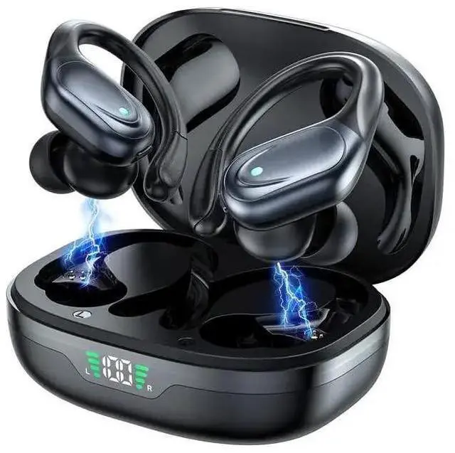 Alt view image 5 of 5 - TRON Wireless Earbuds Bluetooth Headphones, Sport Earbuds with Stereo Deep Bass, Over-Ear Hooks, ENC Noise-Cancelling Mic, Waterproof Earphones for Workout/Running Black, TR58