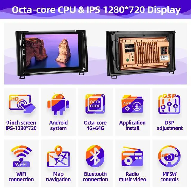 Alt view image 3 of 5 - CGOGC for Toyota Tundra 2014-2021 Radio Upgrade Compatible with Wireless Carplay Android Auto 8 core 4+64GB Head Unit Touch Screen Car Stereo Bluetooth GPS Navigation FM AM WIFI Rear Camera Med
