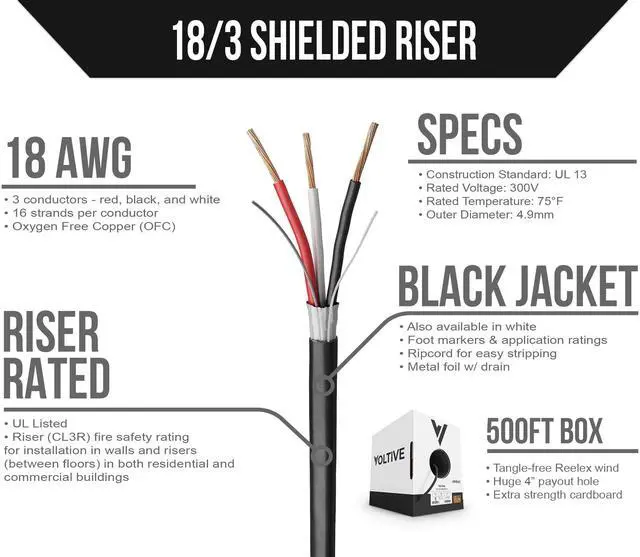 Alt view image 2 of 5 - Voltive 18/3 Shielded Low Voltage Wire, Riser CL3R, Black, 500ft - 18AWG, 3 Conductors, Overall Shield, Stranded Bare Copper, UL Listed - V-1254-2