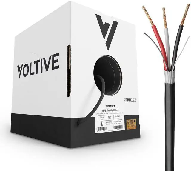 Main image of Voltive 18/3 Shielded Low Voltage Wire, Riser CL3R, Black, 500ft - 18AWG, 3 Conductors, Overall Shield, Stranded Bare Copper, UL Listed - V-1254-2