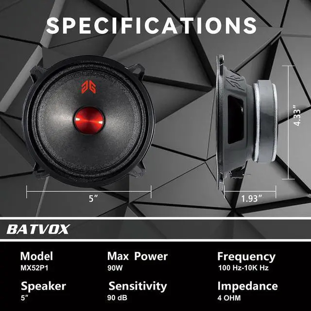 Alt view image 3 of 5 - GRTSKY MX52P1 Loudspeaker 5 Inch Midrange 160 Watts 4 Ohms Red Dust Cap, Premium Quality Audio Door Speakers for Car or Truck Stereo Sound System, Black (2 Speakers)