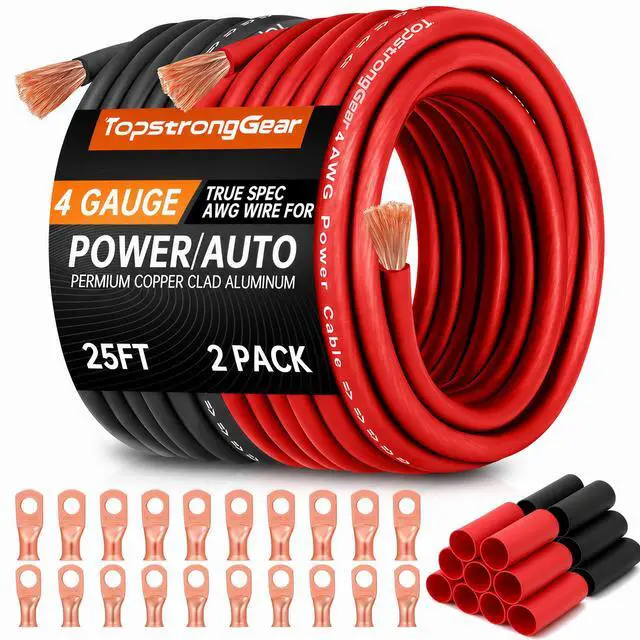 Main image of TOPSTRONGGEAR 4 Gauge Wire for Automotive Power Ground, Car Audio, Car Amplifier, RV, Amp, CCA Automotive Wire, Battery Cable, Wiring Kit (25FT Each Black/Red with 20PCS Lugs, 20 Heat Shrink Wrap)
